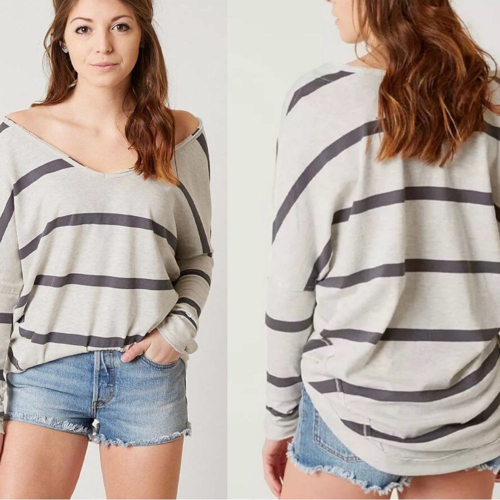 We The Free Gray and White Knit Top Oversized Off shoulder